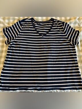 Pact Women's Short Sleeve V-Neck Tee in Navy and White Stripes